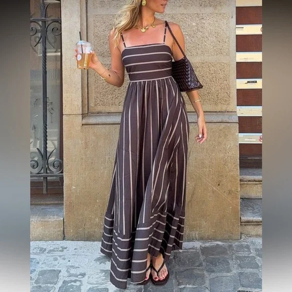Brown tan striped maxi dress cut out open back boho vacation dress - Picture 4 of 5